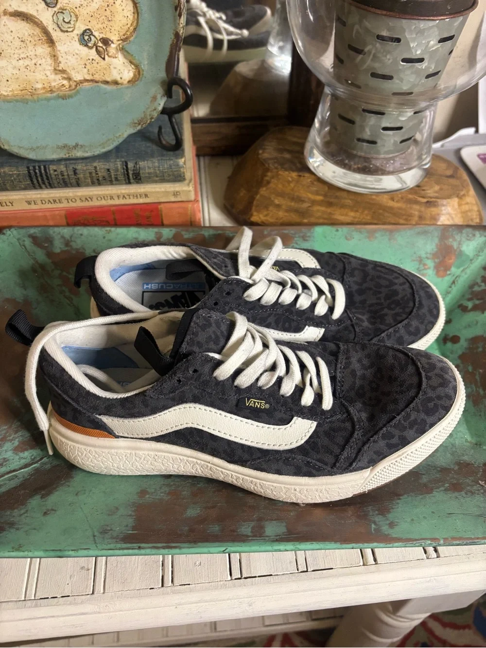 Vans Women's Black Leopard-Print Low-Top Skate Sneakers with Cream Stripe